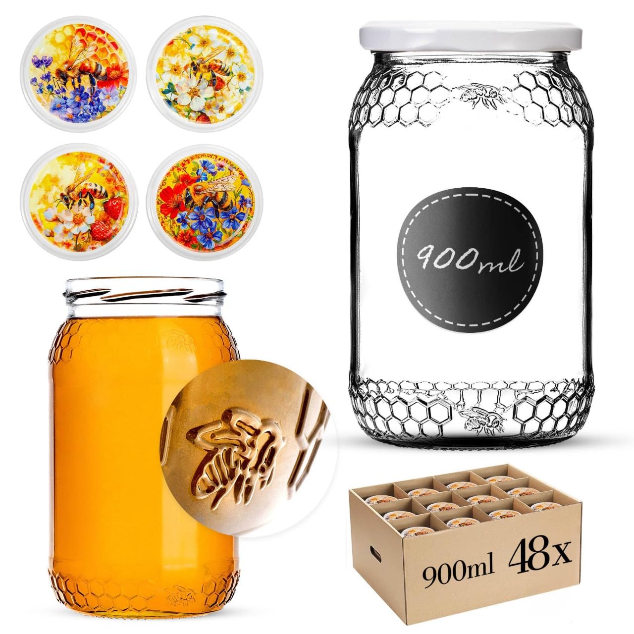 KADAX Tarros de miel de 900 ml, con tapa de rosca fi82 mm, tarros para miel, tarros de mermelada, tarros de rosca (abeja colorida, 48 unidades)