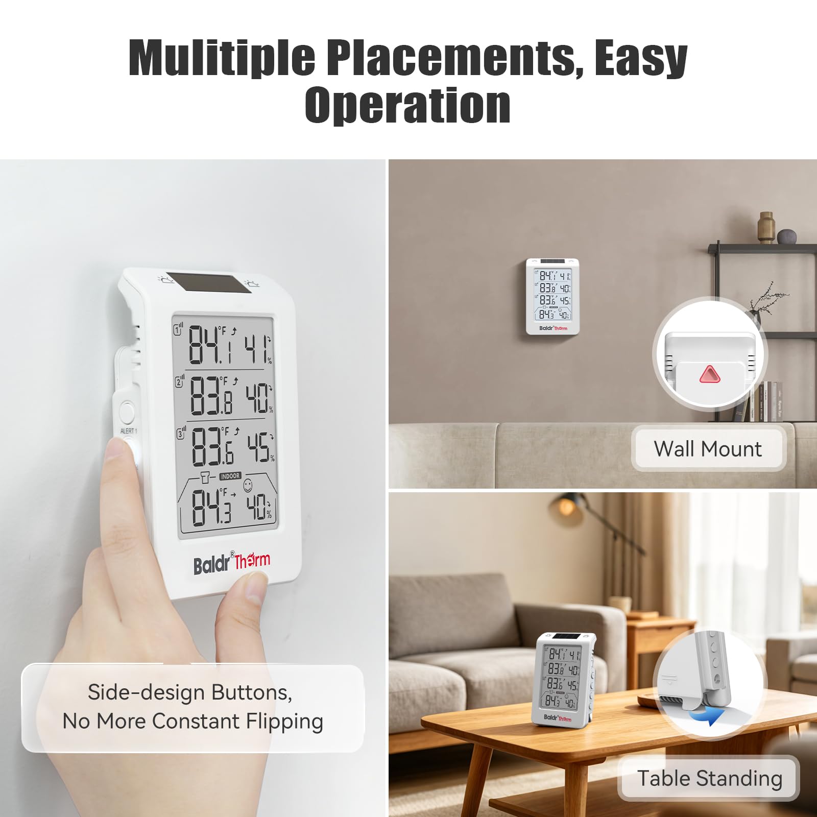 BaldrTherm Thermomètre hygromètre sans fil à trois canaux, grand écran de température et d'humidité, rétroéclairage automatique intelligent, portée de 100,6 m et alertes en temps réel pour intérieur