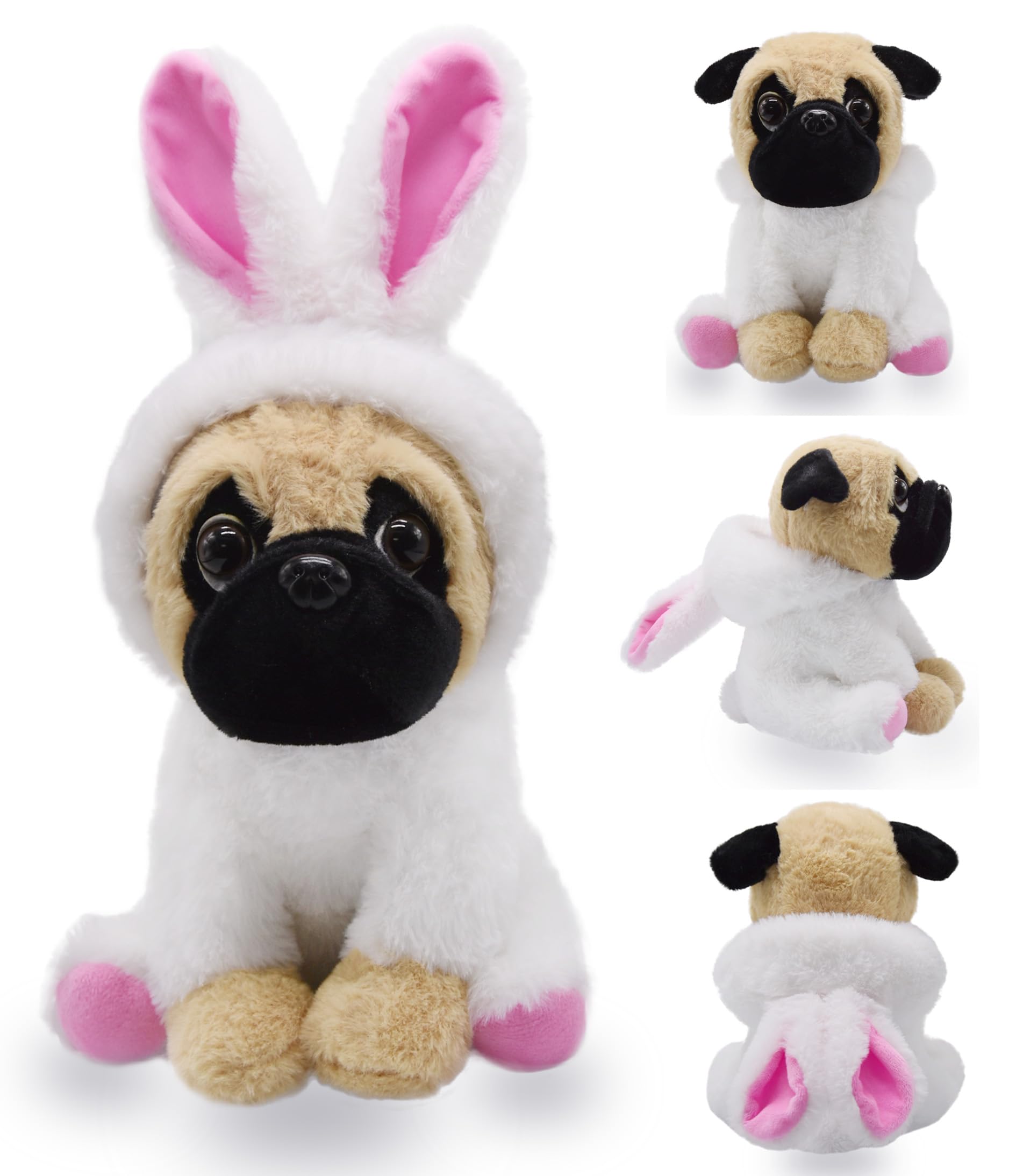 BABOLI Cuddly Little Pug Stuffed Animals Soft Toys with Adorable Bunny-Style Costumes Super Cute Puppy Dog Plush Animal for Easter Basket or