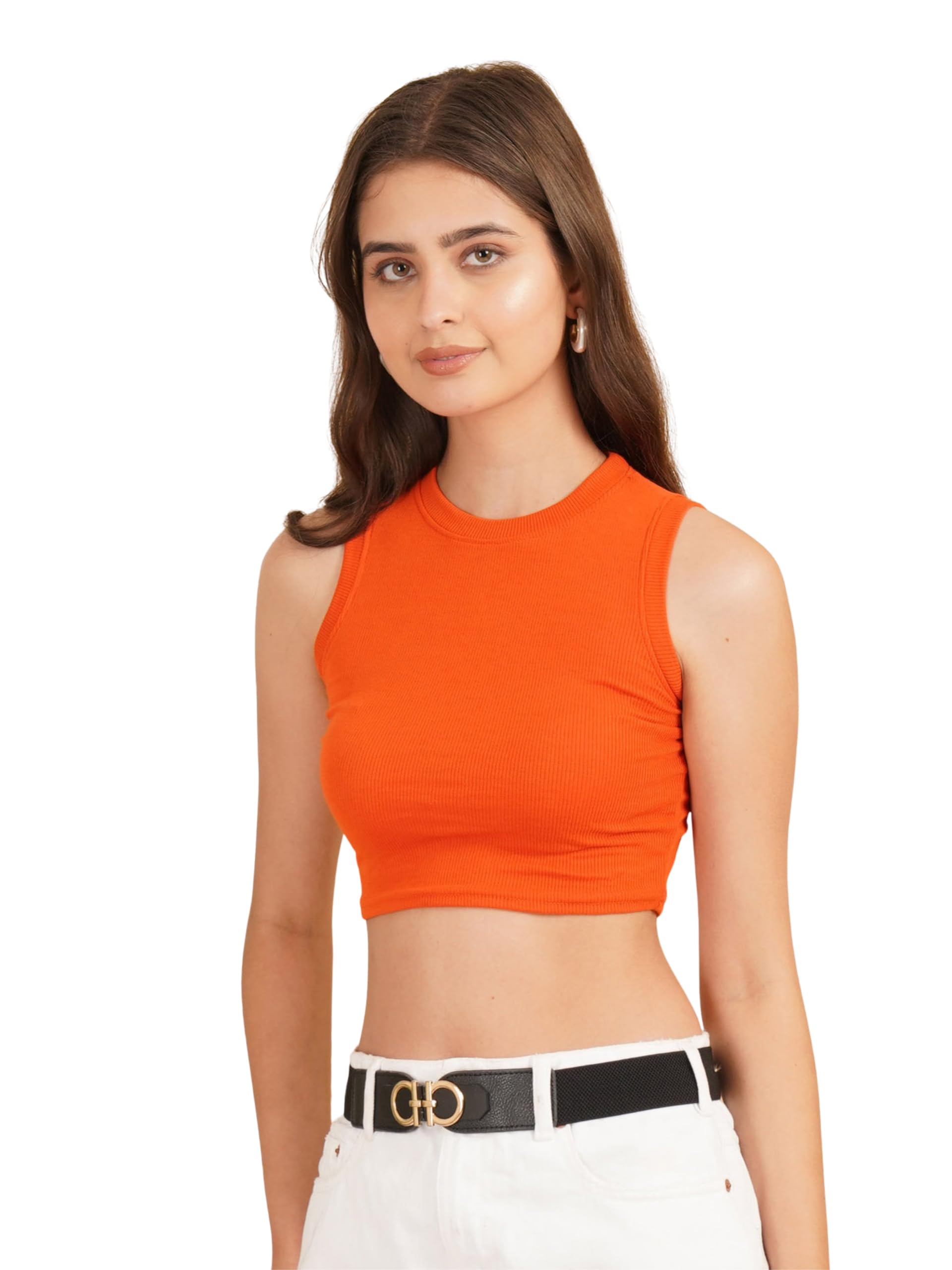 brownverse Ribbed Sleeveless Crop Top for Women, Cotton, Round Neck, White-picture-18