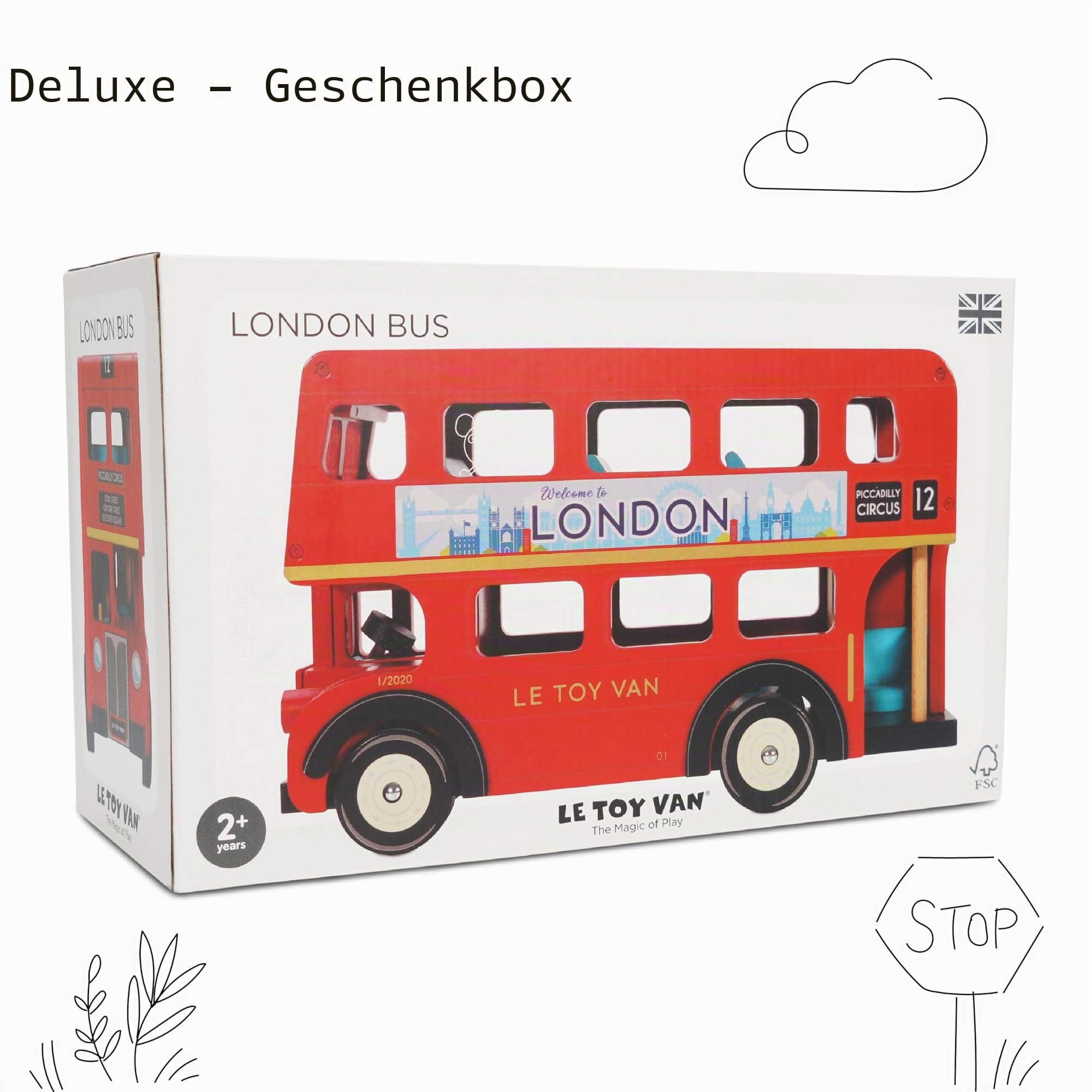 Le Toy Van - TV469 - Lernspielzeug ?London Bus" für Kleinkinder ab 3 Jahren, Doppeldeckerbus im Londoner Stil mit aufklappbarem Dach und realistischen Details, 32 x 13 x 20 cm, hergestellt aus FSC-zertifiziertem Holz