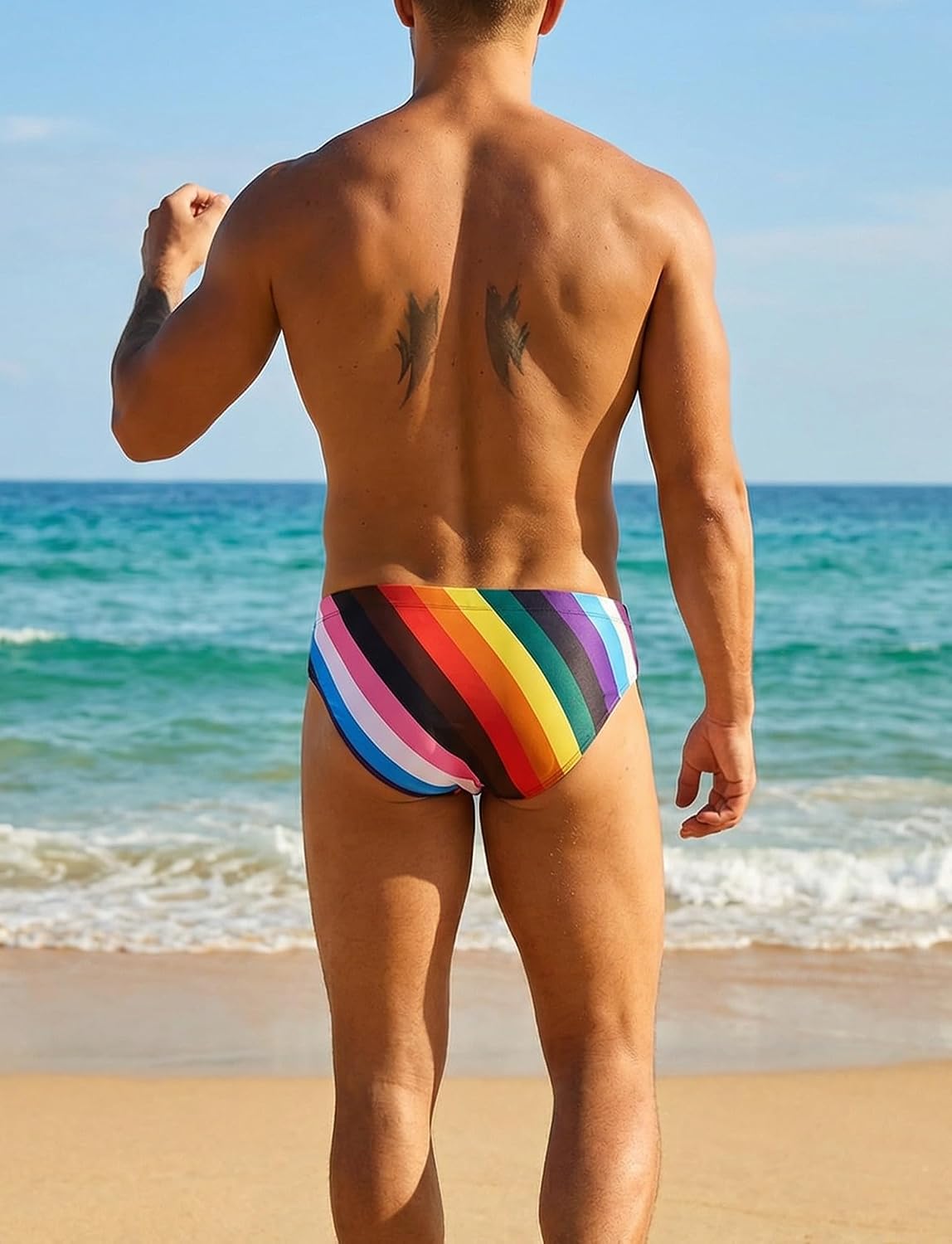FEOYA Men Stripe Swim Briefs Sexy Drawstring Swimsuit Bikini Quick Dry Low Rise Swimwear Trunks