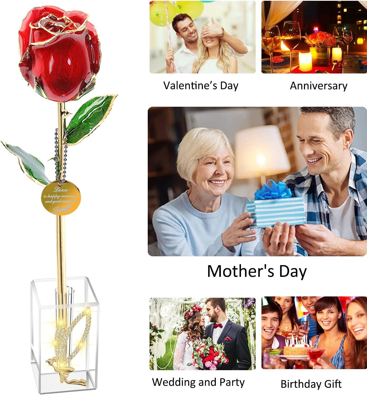 24k Gold Rose Mothers Day for Mom Best Gifts,Real Rose Dipped 24K Gold,Best Gifts for Valentines Day Christmas Birthday for Women,Her,Grandma(Red,Crystal Stand)