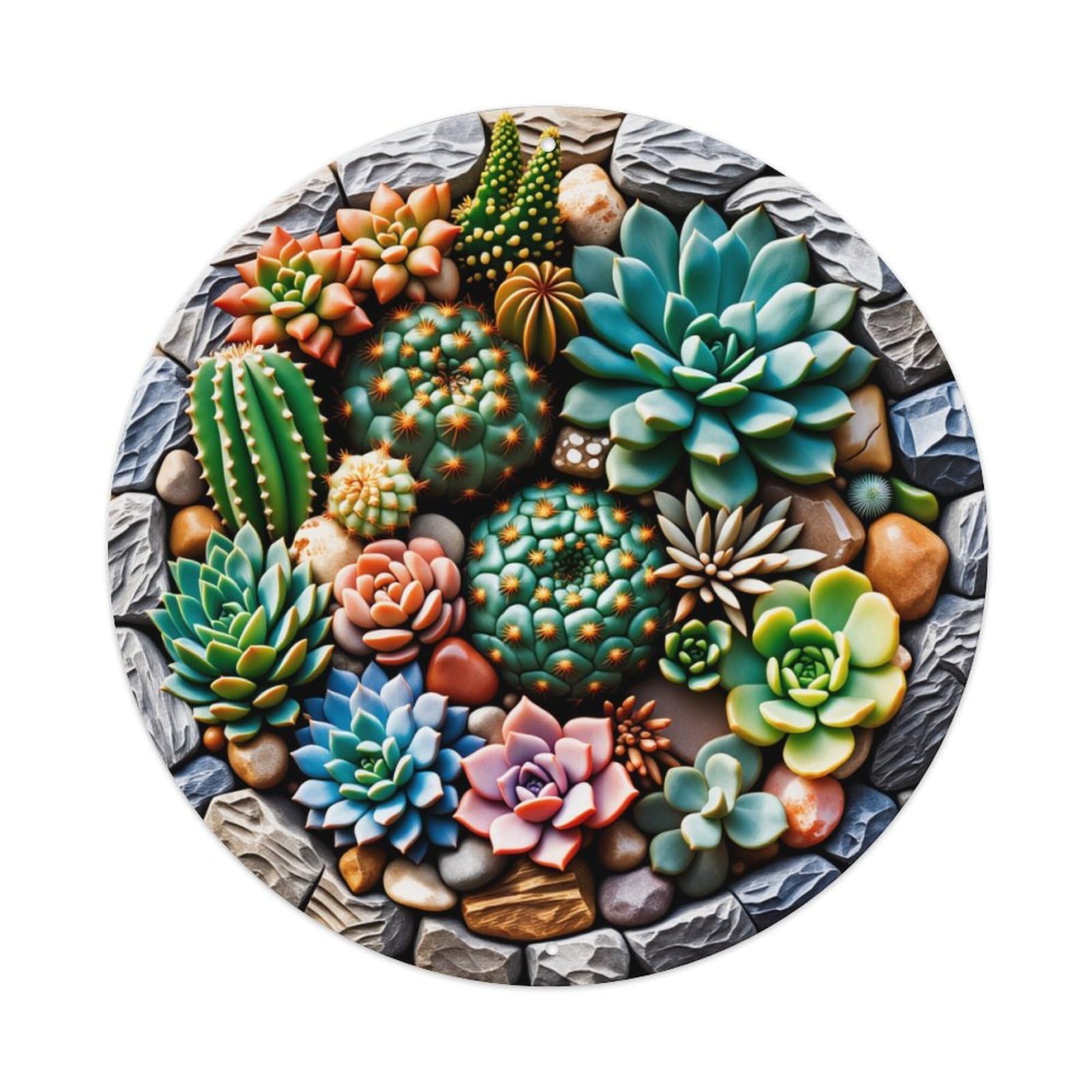 Succulent Garden Rock Arrangement Vintage Metal Tin Sign Retro Wall Decor for Home Bar Garage Cafe, Indoor & Outdoor Decorative，circle Metal Poster, 8x8 Inch