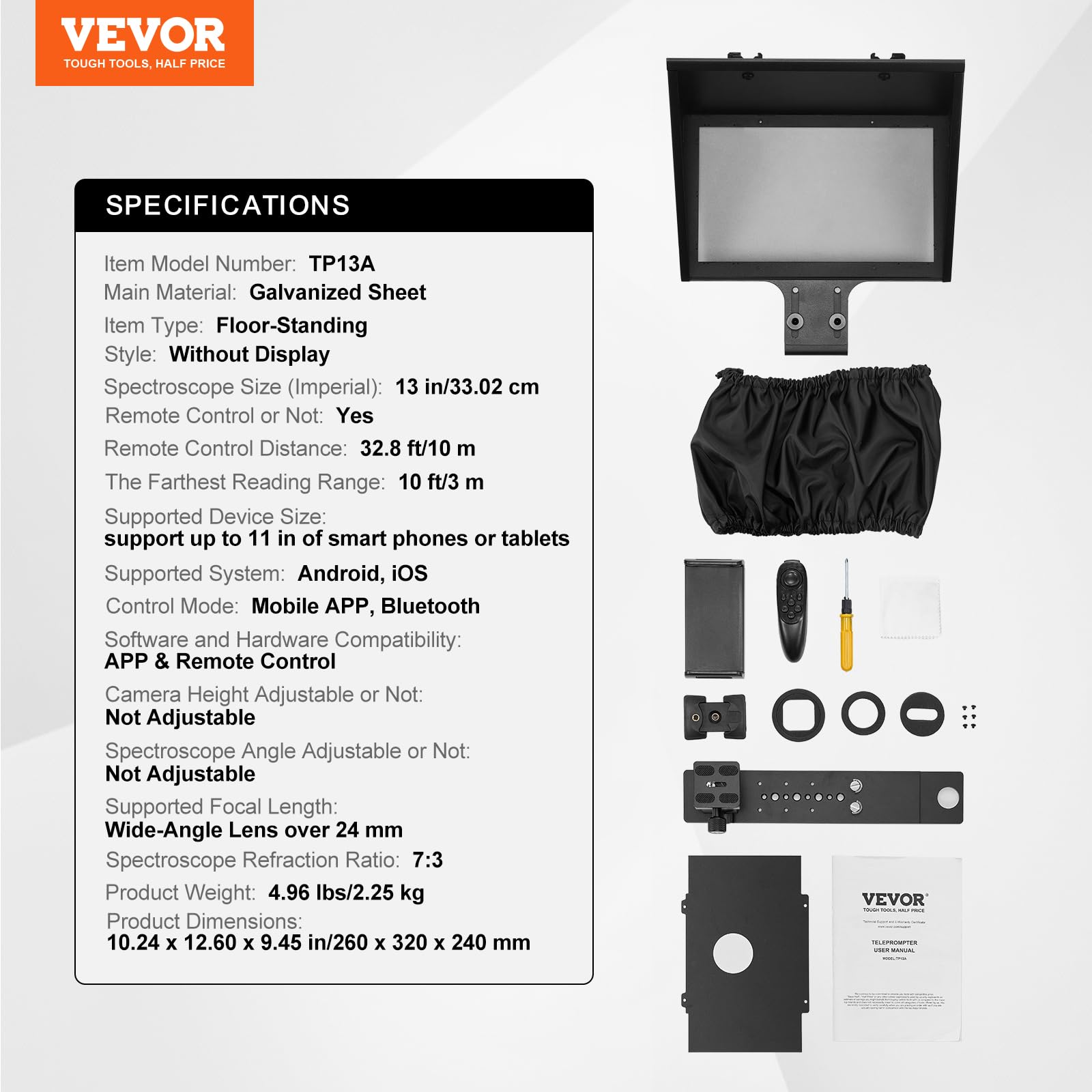 VEVOR Teleprompter, 33,02cm Alu, Bodentyp mit einstellbarem Winkelspektroskop, Fernbedienung, für YouTube, Twitch, Zoom, unterstützt DSLR/Webcam/Smartphone, für Videoaufzeichnung/Live-Streaming