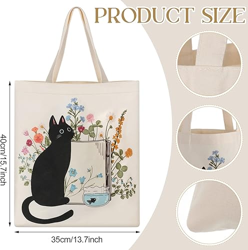 Miniatura 7 de Oudain 4 bolsas de lona para mujer, diseño floral de gato negro, estética, reutilizable, bolsas de comestibles, regalos lindos para amantes de los