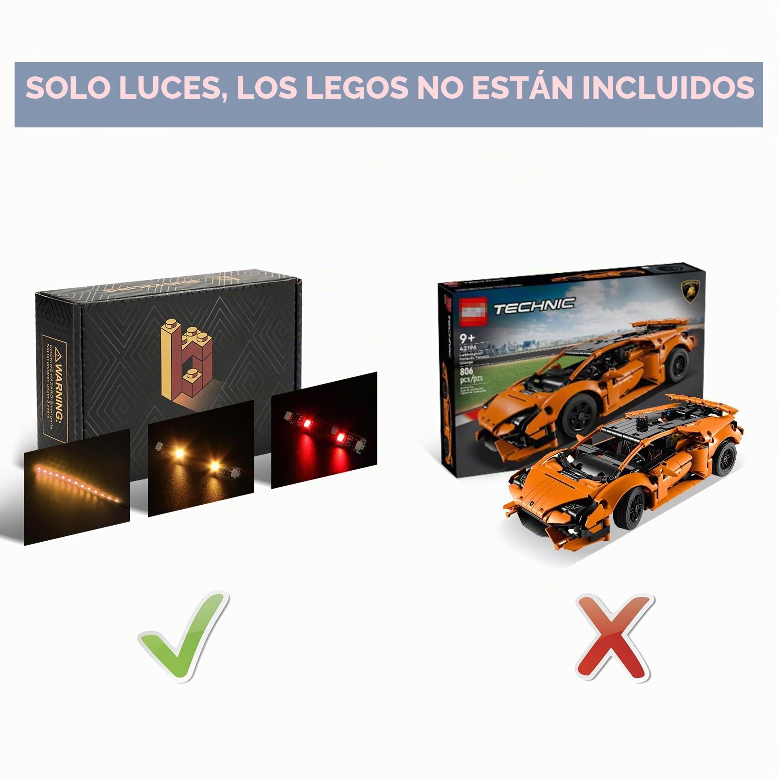 Juego de luces LED para Lego 42196 Lamborghini Huracán Tecnica Naranja, juego de iluminación decorativa para Lego Technic