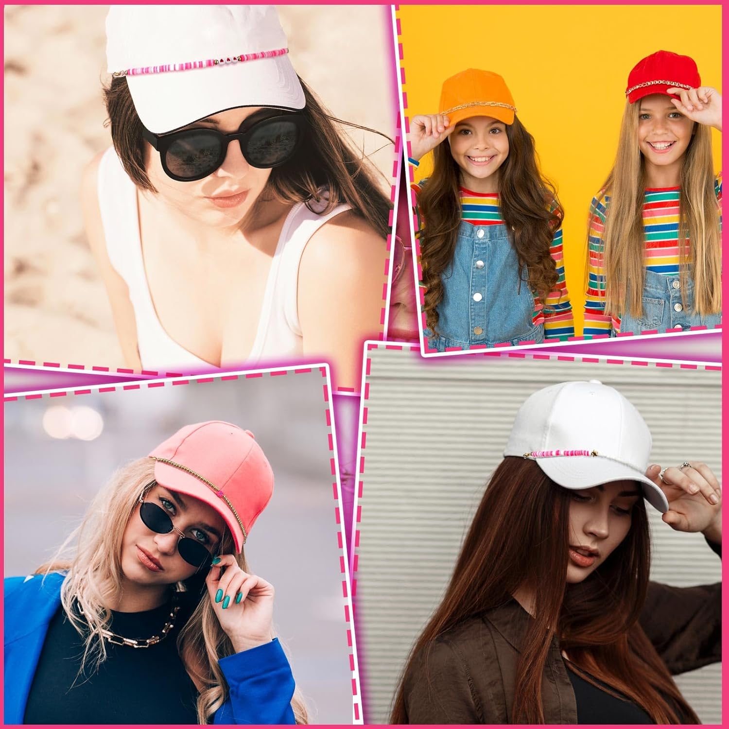 Geyoga 9 Pcs Trucker Hat Chains Trucker Hat Charms Women Man Bill Decoration Detachable DIY Metal Chain for Mesh Baseball Cap(Bright Pink,Bead Style) - Image 5