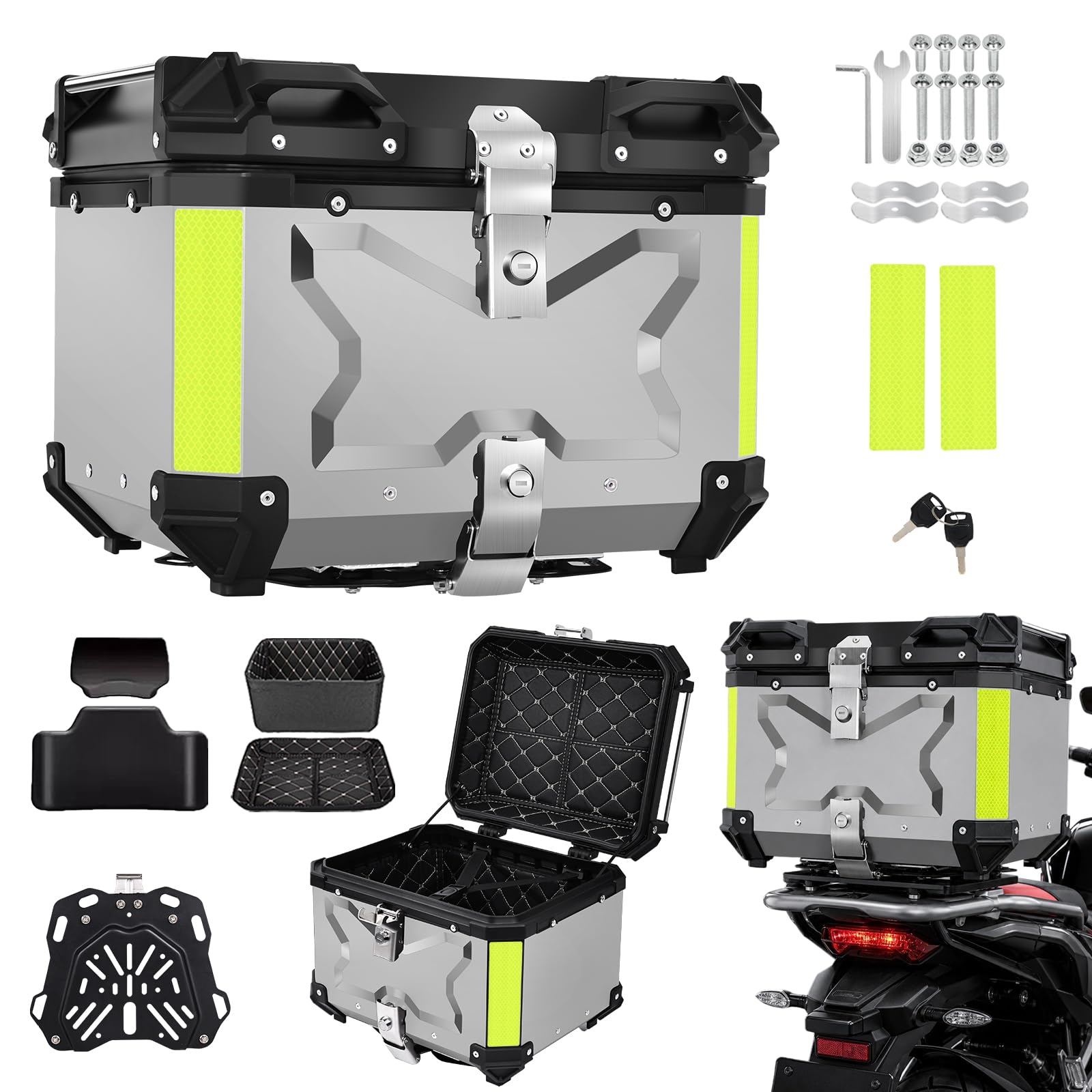 Baúl para motocicleta de aluminio de 45 L, 45 litros, maletín trasero impermeable universal, cierre rápido con cerradura, acolchado para la espalda, forro interior, caja trasera Enduro
