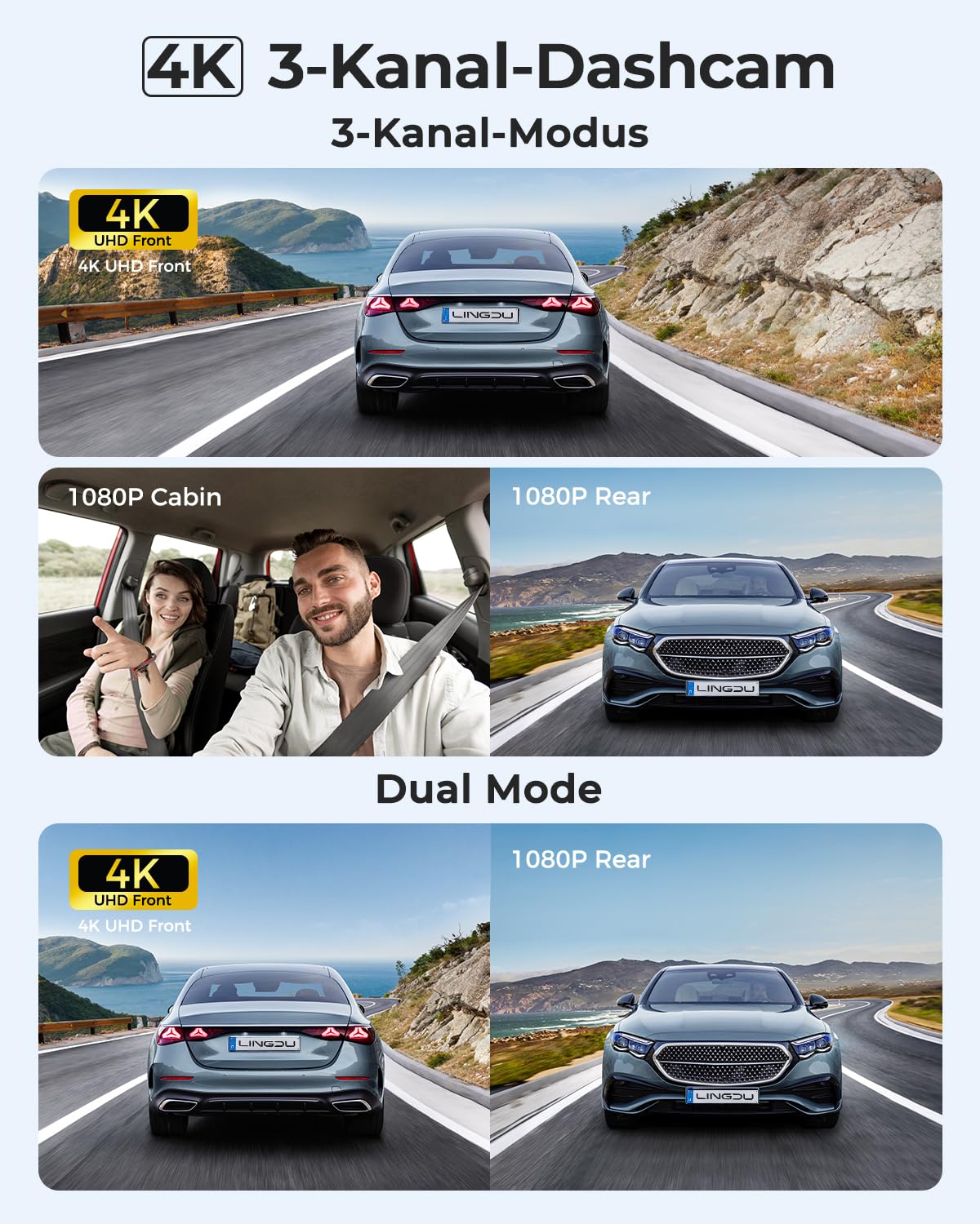 Dash Cam Auto 4K+1080P+1080P 3 Canali Dash Cam Anteriore Posteriore Interno con Scheda SD da 64GB,WiFi GPS Videocamera Auto con Visione Notturna IR,Comando Vocale,Monitoraggio Parcheggio
