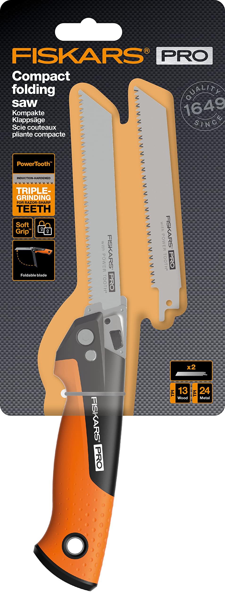 Fiskars Pro Scie pliante compacte, 2 lames de scie incluses, Longueur de la lame : 15 cm, 13 TPI et 24 TPI, Noir/orange, PowerTooth, 1062934