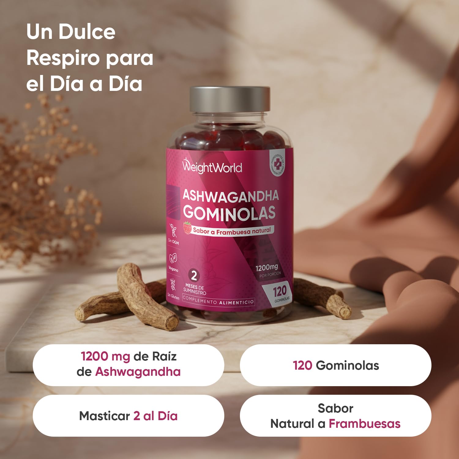 Ashwagandha Gominolas 1200mg - 120 Gomitas Veganas con Sabor a Frambuesa - Suplemento Ayurveda de la Withania Somnifera, Sin Gluten ni OGM para 2 Meses de Suministro