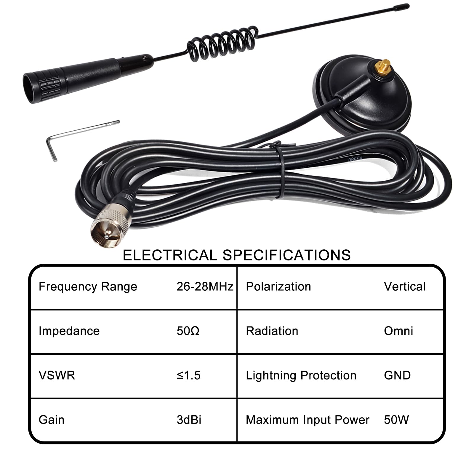 Antenne 27MHz CB avec Base Magnétique Connecteur PL259, Câble RG-58 de 4 Mètres, Adaptée aux Radios CB Mobiles/Portables