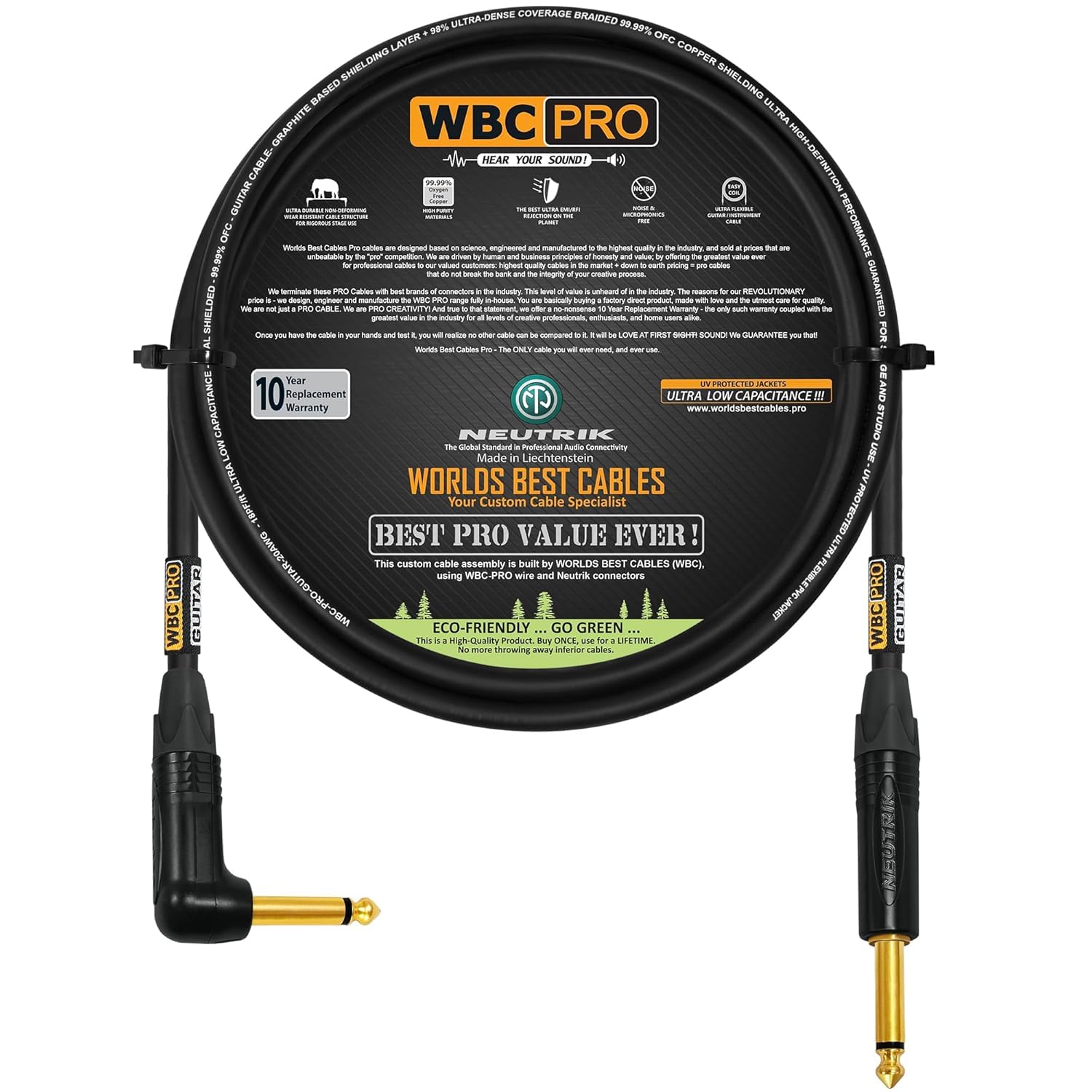 2 Meter – WBC-PRO-Gitarre – 20 AWG – Low-Cap (18pF/ft) – Pro-Grade – Graphitbasiert – doppelt geschirmtes Gitarren-, Bass-, Instrumentenkabel mit Neutrik gerade auf abgewinkelten ¼ Zoll (6,35 mm