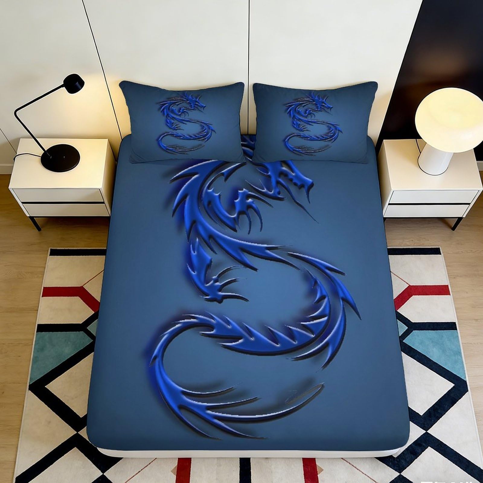 3D Printed Blue Dragon Fitted Sheet Microfiber Soft Breathable Tribal Dragon Mattress Cover for Bedroom Dorm Decor 90x200x25cm