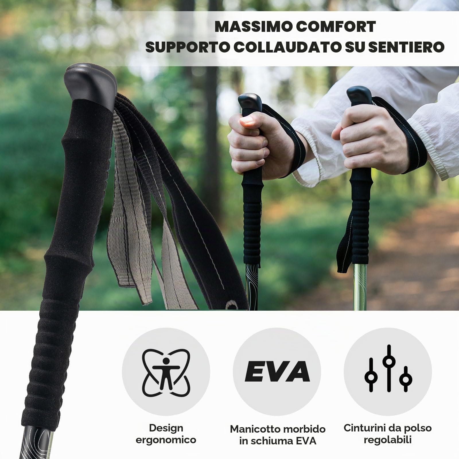 Bastoni da Trekking Pieghevoli, Bastoncini Trekking in 6061 Alluminio Telescopici 62-135cm Leggero con Manico in EVA, per Nordic Walking Montagna Escursioni Sci