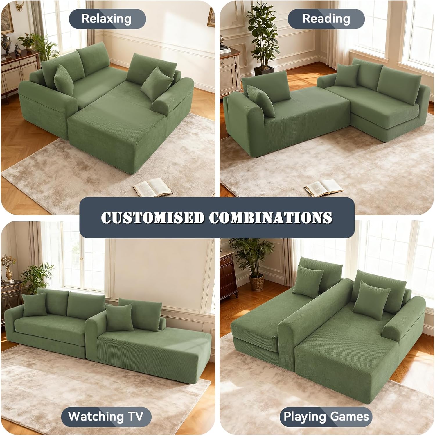 103 inch Cloud Sectional Couch, Modular Sectional Sofa with Deep Seat,Folding L-Shape Sofa Bed,Corduroy Boneless Couch Bed for Living Room,No Assembly Required,(Green,Left Facing Chaise)