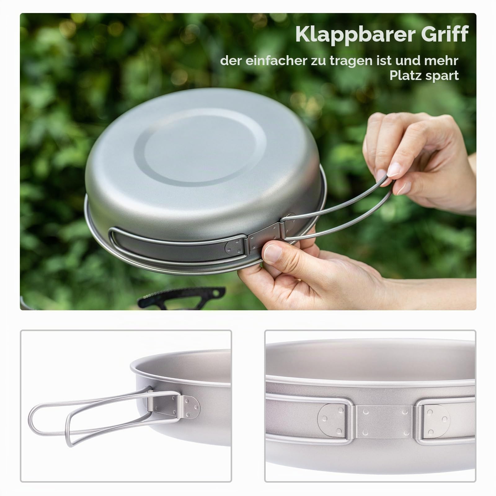 iBasingo Titan Pfanne Camping Bratpfanne 18 cm Frying Pan mit Klappgriff Ultraleichte 1 Person Reise Kochgeschirr Dish Picknick Tragbar Plate Skillet Cooking Kit für Outdoor Wander Rucksäcke Ti2063C