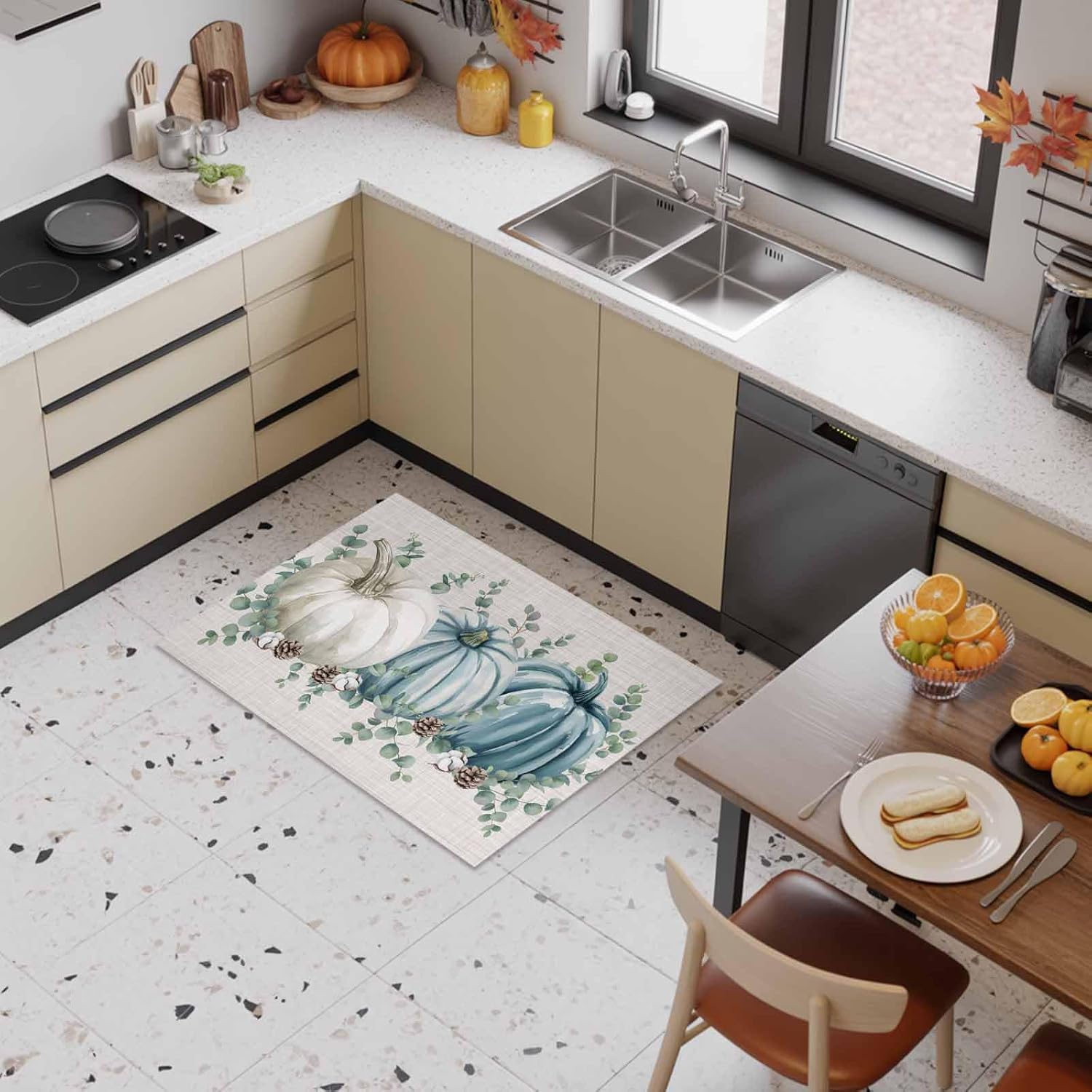 Thanksgiving Front Door Mat for Indoor Entrance 18x30 Inche, Blue Pumpkin Green Eucalyptus Leaves Fall Absorbent Doormat Washable Carpet for Bathroom/Garage/Kitchen/Entry/Back