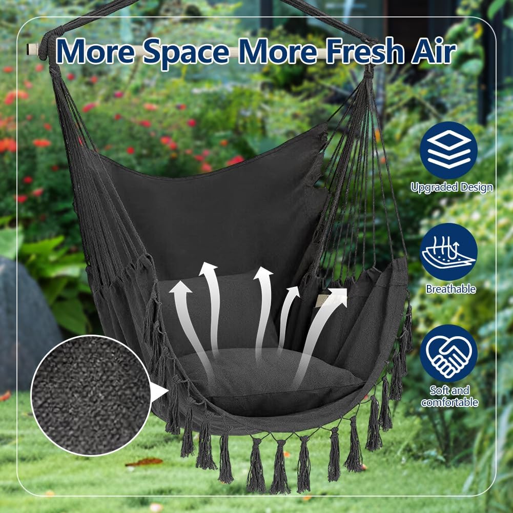 Hammock Chair,Hanging Swing Rope Swing Seat,Max 300 Lbs Side Pocket Tassel Sloft Bed Accessories,Suitable for Indoor and Outdoor Patios Yard (Dark Gray)