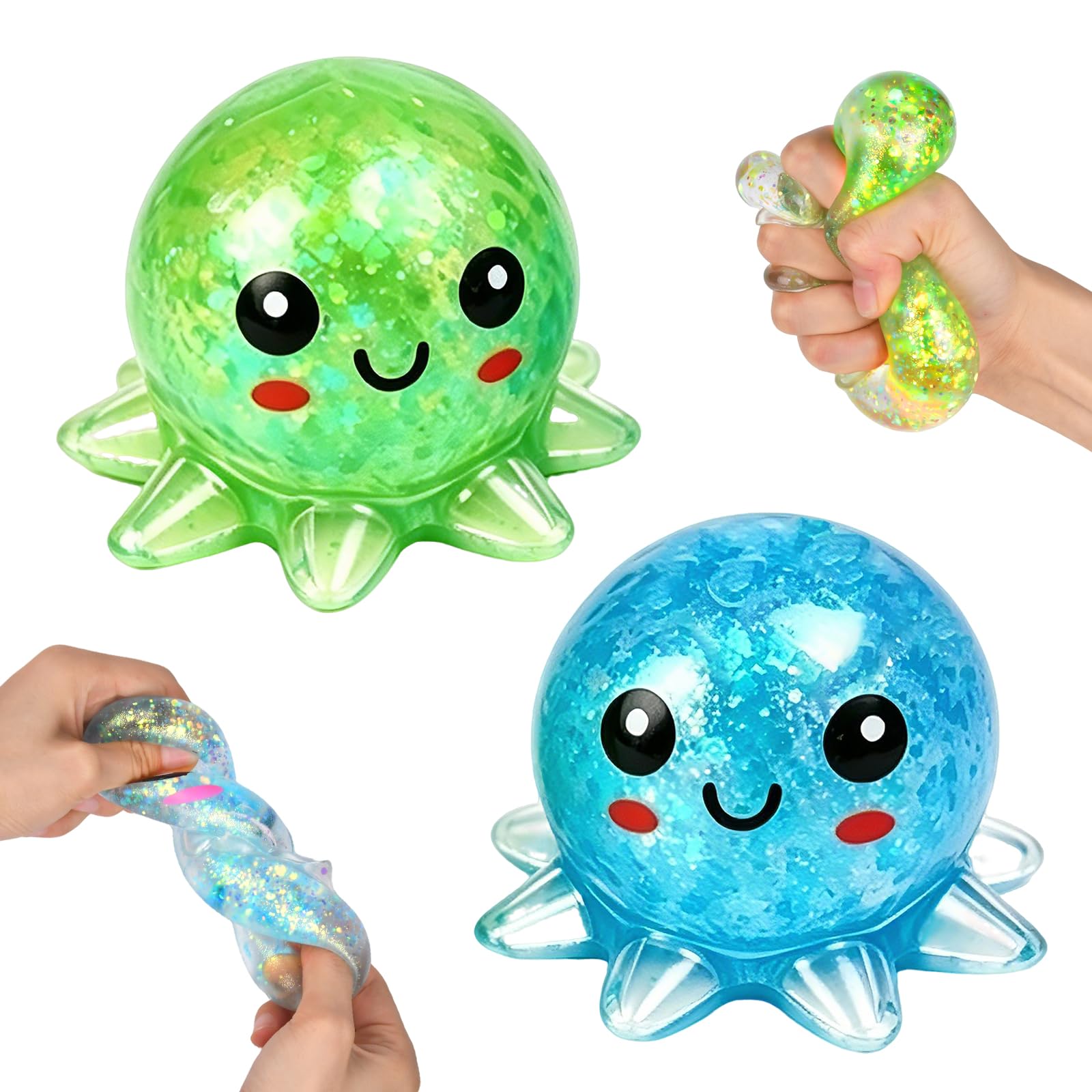 2 PCS Octopus Squishy Toys, Glitter Octopus Squishy Fidget Toys, Soft Octopus Stress Balls for Adults Kids, Slow Rising Squishies, Fun Gifts for Office, Travel, Party Birthday, Focus & Relaxation