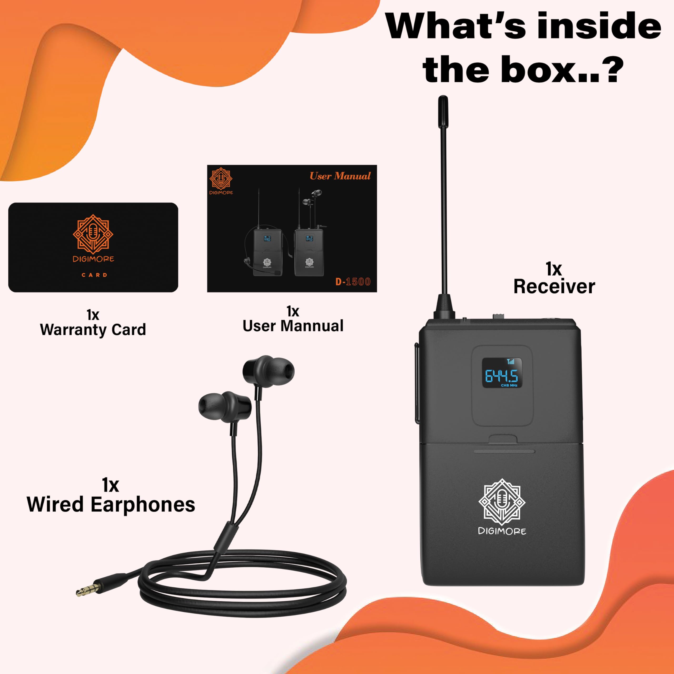DIGIMORE Receptor inalámbrico con sistema de auriculares para guía turística, iglesia, enseñanza, viajes, presentación, seminario en vivo, visitas a la fábrica (1 receptor) (D-1500)