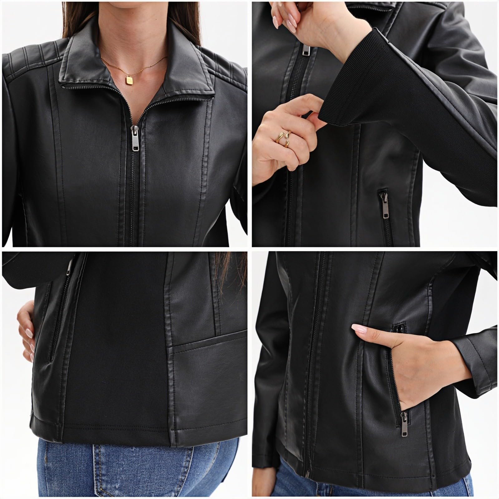 Lederimitat Jacke Damen Schwarz Reverskragen Motorradjacke Kurz Slim Fit Bikerjacke Bikerstil Lederjacke Vintage Kunstlederjacke