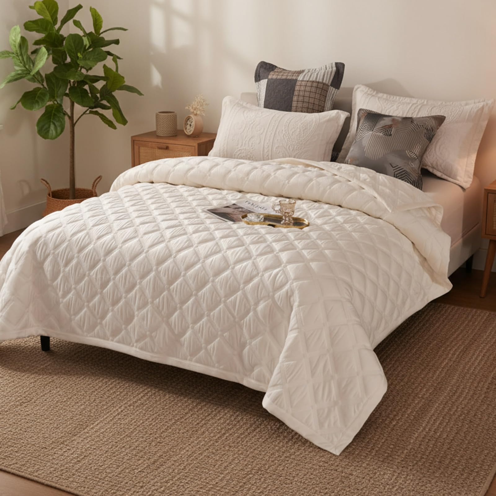 Quilt Bedspread 3 Piece Set: All Season Ultra-Soft Microfiber Thick Cozy Quilted Bedspread 220 x 240 cm Bedding Coverlets Set with 2 Pillow Sham 50 x 70 cm for King Size Beds (Off-white-B)