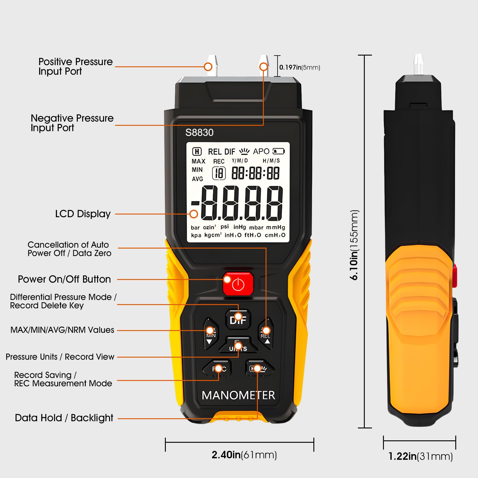 Manometro digitale, misuratore di pressione differenziale con due porte ± 36,8 kPa, HVAC Handheld a 12 unità, retroilluminazione per condizionatori d'aria, condotti di ventilazione