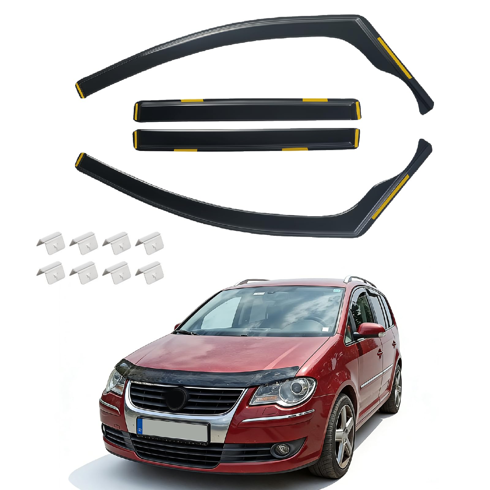 Windabweiser Regenabweiser kompatibel mit VW Touran 2003-2015 5-Türer, Selbstklebend Tape-On Autofenster Regenschutz Regenabweiser Deflektoren, 4-TLG Set, Rauchgrau, Vorne,Aerodynamisch