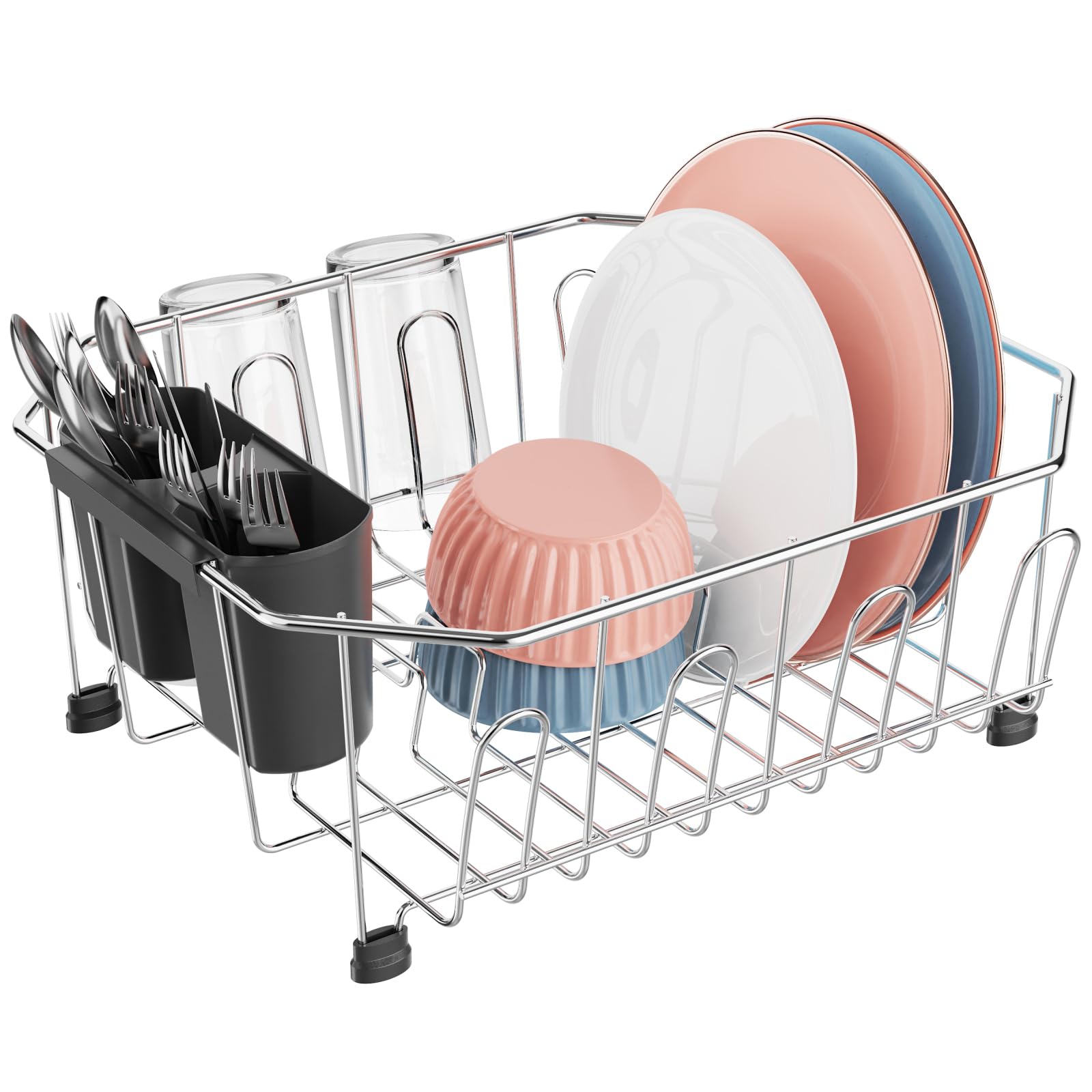iSPECLE Small Dish Drainer for Kitchen Sink - Compact Stainless Steel Washing Up Rack with Cutlery Holder, Rust Resistant Wire Draining Board for Worktops, Caravans & Flats (29.5 x 34 cm), Silver