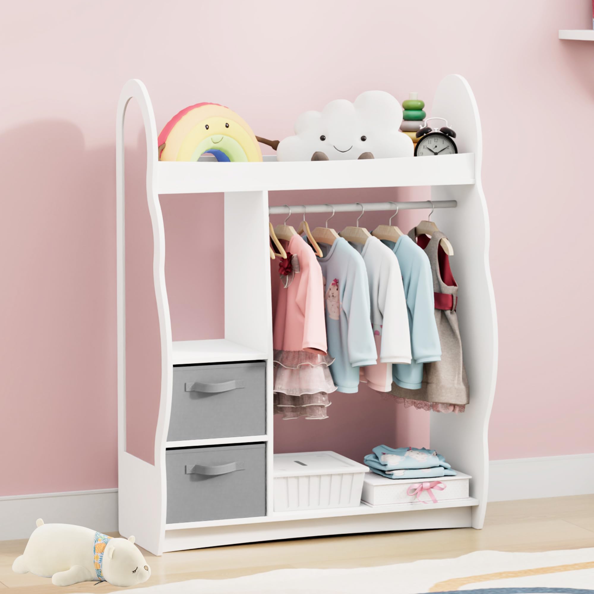 KEEPREAPER Kinder Kleiderschrank Kinderkleiderständer mit Boxen, Kleiderstange, Spiegel und Ablagen, Kindergarderobe aus Holz, Kinderregal 81 x 28 x 106,5 cm (Wolken mit 2 Schubladen, Weiß)