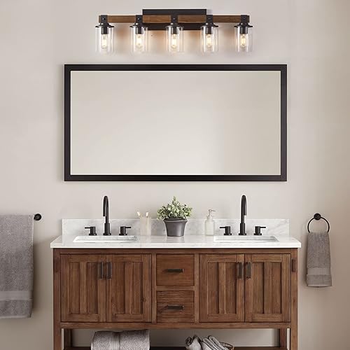 Miniatura 2 de Lámparas de baño rústicas de granja sobre el espejo, iluminación de tocador de madera vintage con vidrio transparente, lámpara de pared industrial