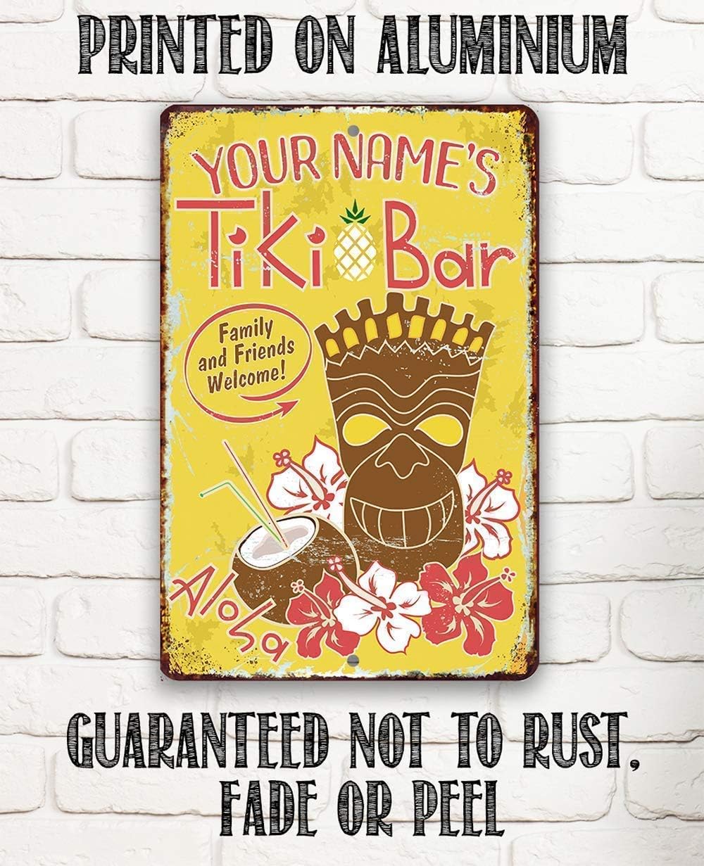 Personalized Tiki Bar - Cool Tiki Decoration Outdoor Patio, Pool Accessories and Bar Decor, Above Ground Pool Side Display, 8x12 or 12x8 Use Indoor or Outdoor Rustic Style Metal Yellow Tin Sign