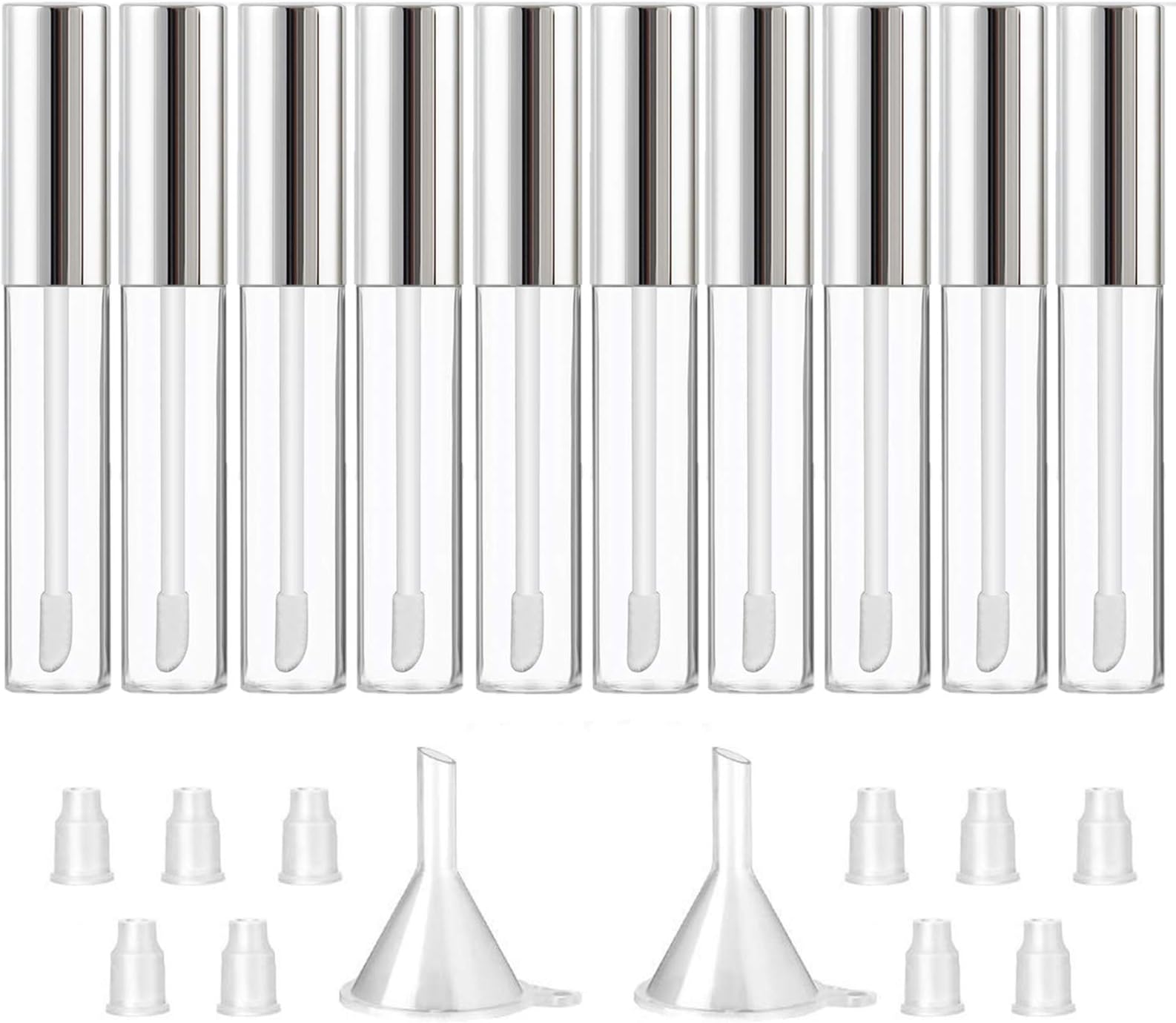 10PCS 10ML Empty Lip Gloss Containers Tube with Wand, Refillable Lip Balm Bottles, Lipstick Sample Container and Funnel and Rubber Stoppers for Girls DIY Lip Samples, Silver Top