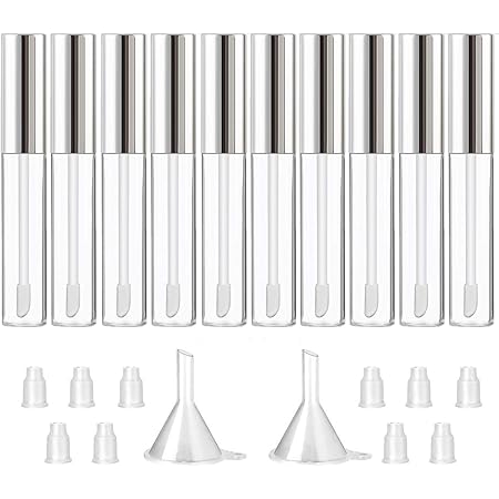 GTHER 10PCS 10ML Empty Lip Gloss Containers Tube with Wand, Refillable Lip Balm Bottles, Lipstick Sample Container and Funnel and Rubber Stoppers for Girls DIY Lip Samples, Silver Top