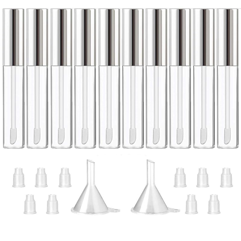 GTHER Frascos Recarregáveis para Brilho Labial com Aplicador, Funil e Tampas, 10 mL, Pacote com 10, Prata