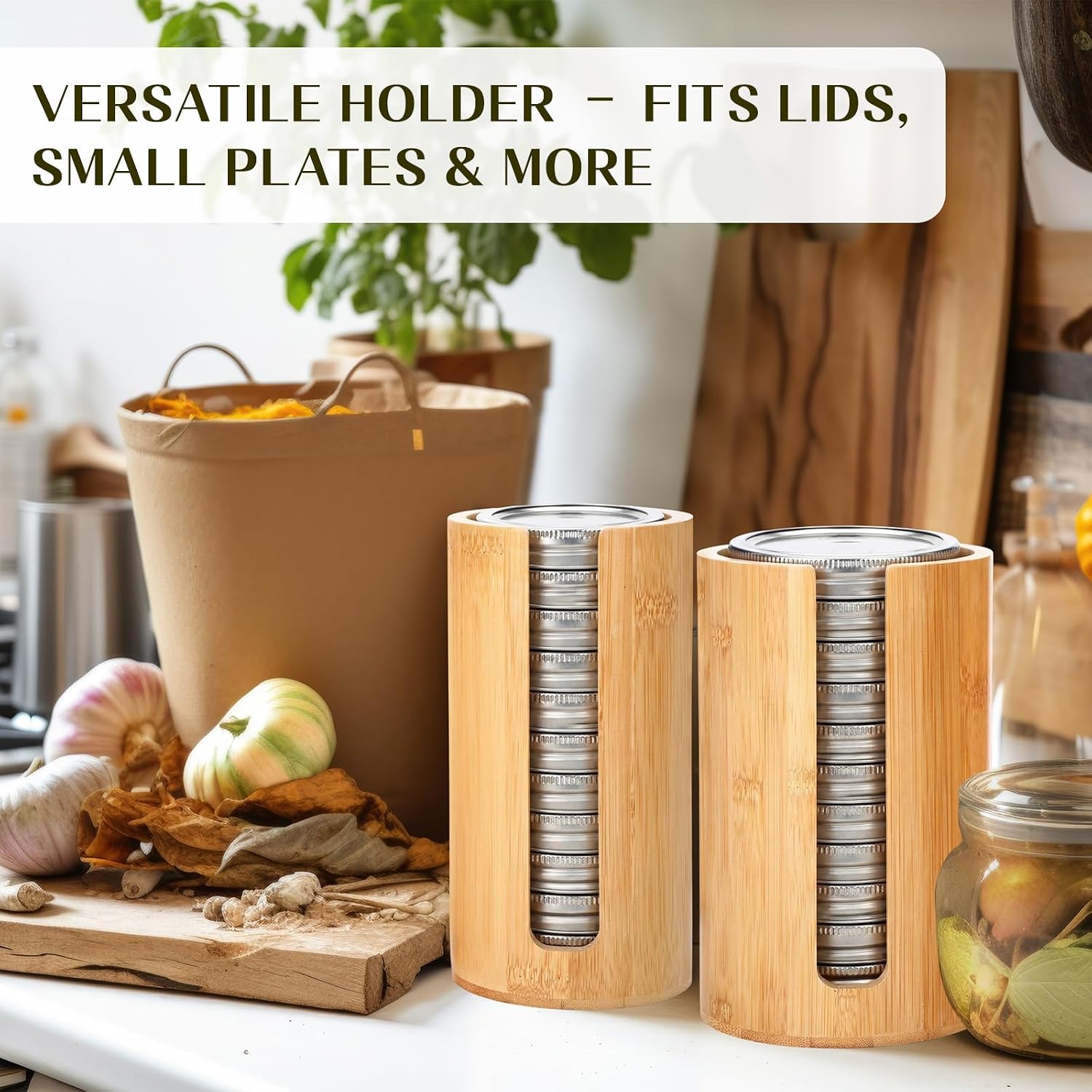 LemonRoad 4 Packs Mason Jar Lid Organizer Vertical Bamboo Storage Holder Fits Wide Mouth and Regular Mouth Mason Jar Accessories for Canning Lid Kitchen Rack Cabinet Organization (Single Sided Open)