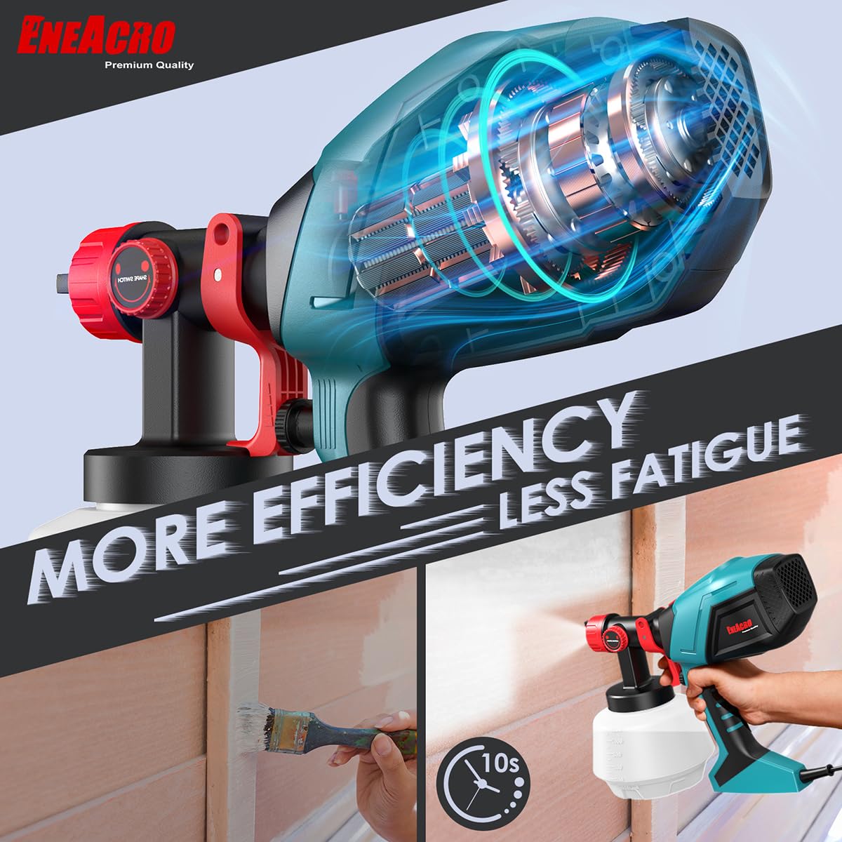 ENEACRO HVLP Pistola de Pintura, 700W Pulverizador Eléctrico con Contenedor de 1200ml, Flujo y Ángulo de Rociado Ajustables, 5 Boquillas de Latón para Interiores y Exteriores