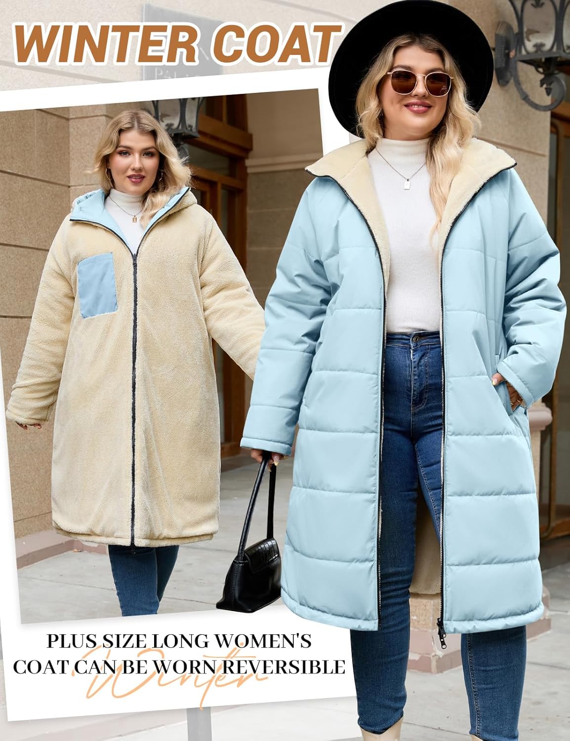 Women's Winter Coats Plus Size Reversible Fleece Jackets Hooded Lightweight Oversized Long Down Coat for Commute Travel - Image 5