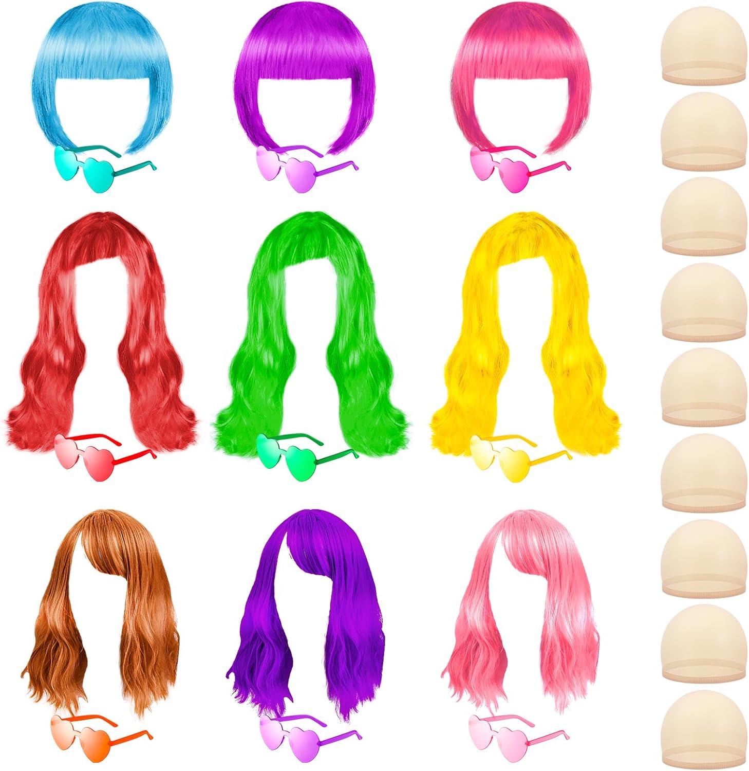 27 Pieces Colored Wigs Funky Neon Colorful Wigs with Heart Shape Sunglasses and Wig Cap for Women Cosplay Multicolor