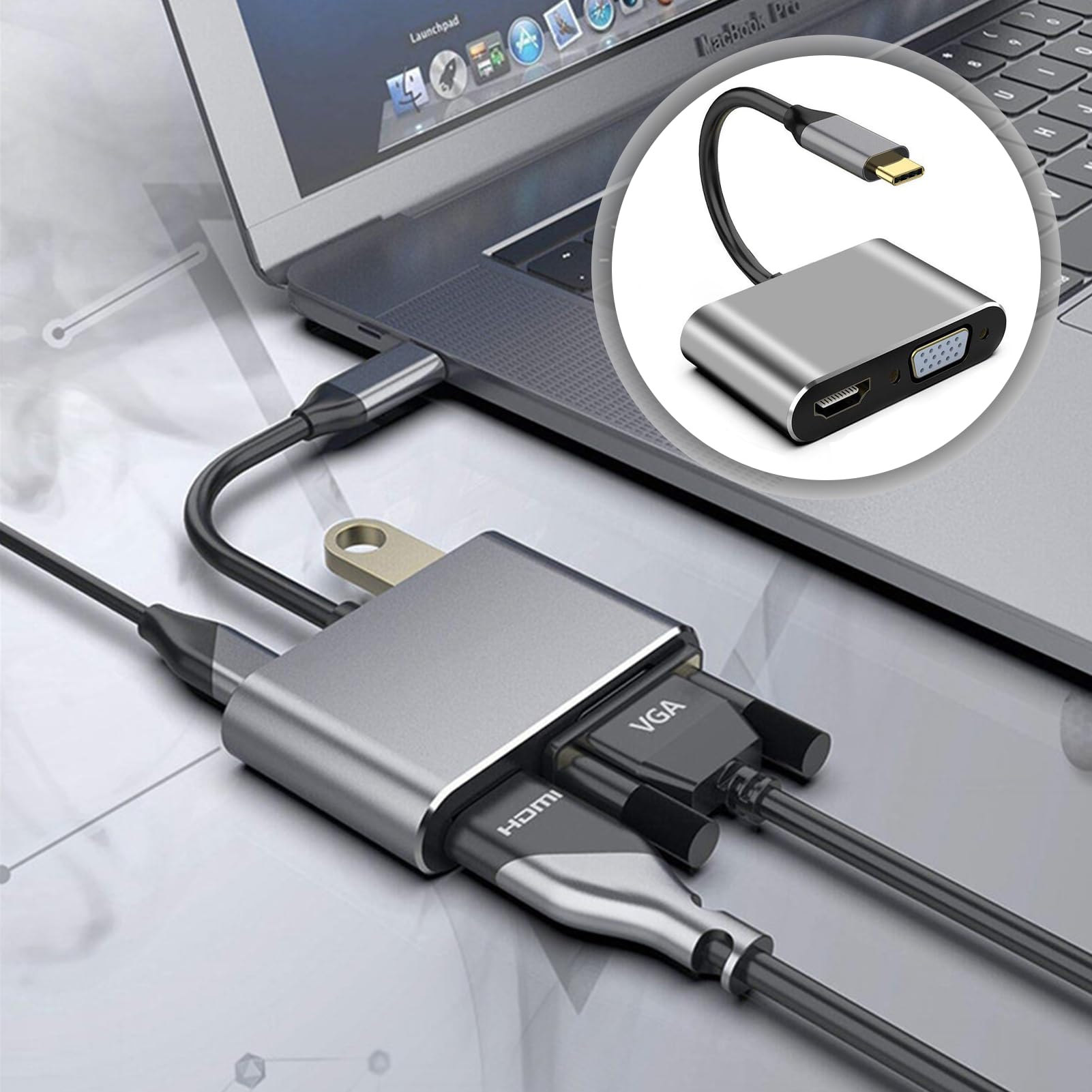 Adaptateur USB C vers HDMI VGA USB 3.0 PD 4 en 1 Hub Multiport Charge 100W pour MacBook Chromebook HDTV