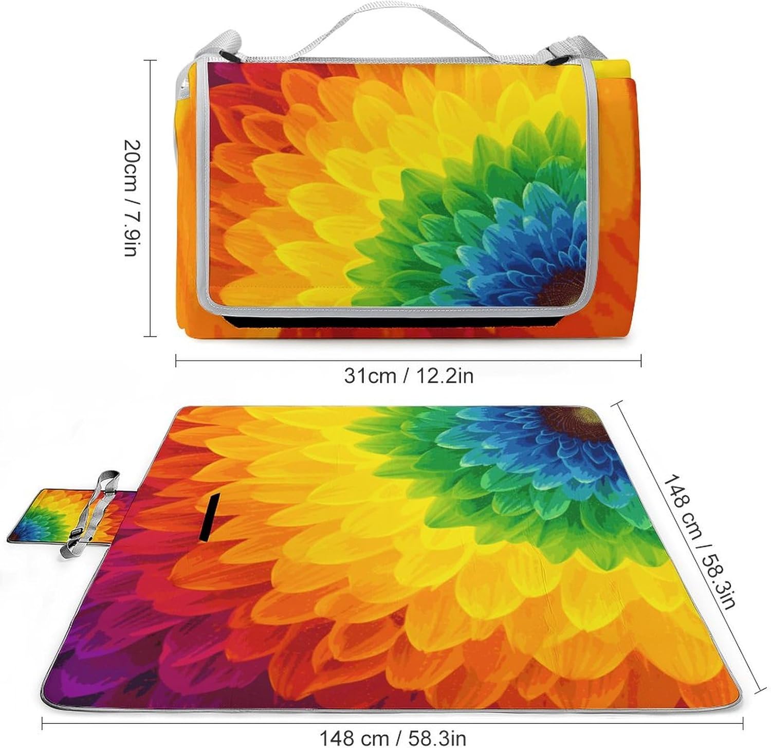 Outdoor Picnic Blanket Extra Large Beach Blanket Waterproof Picnic Mat Sunflower Rainbow Camping Blanket Portable with Carry Strap Park Blanket for Grass Camping Park