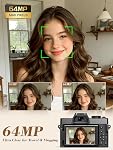 5K Caméra numérique pour la photographie, 64MP, Autofocus & Anti-Shake, 16X Zoom, WiFi, Grandes lignes & Lentille macro, 64GB TF Carte, Caméra Vlogging pour YouTube & Voyages (Noir)
