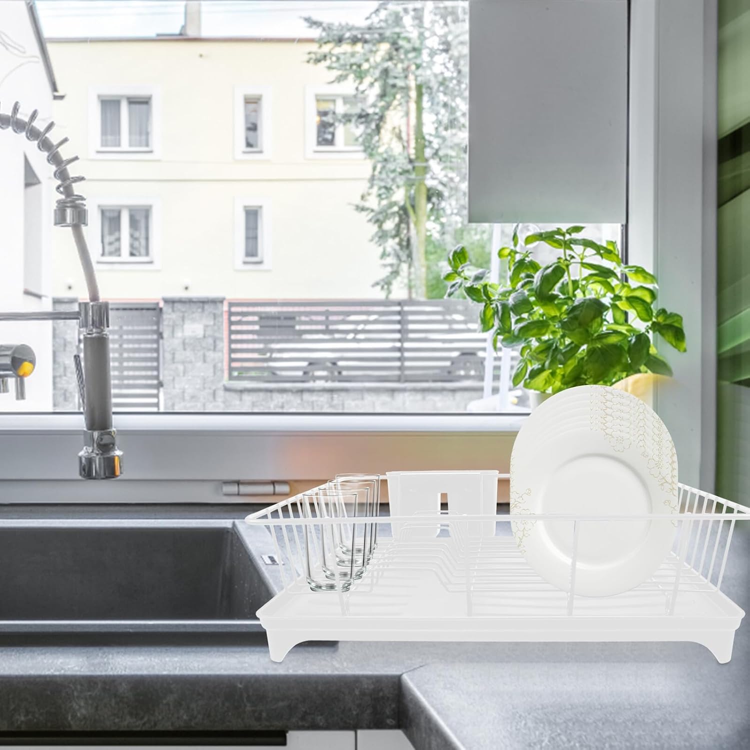 Space-Saving Draining Dish Rack with Utensil Holder and Water Drainboard Large Capacity Kitchen Sink Drying Organizer for Plates Bowls Cutlery Countertop Dish Drying Rack to Keep