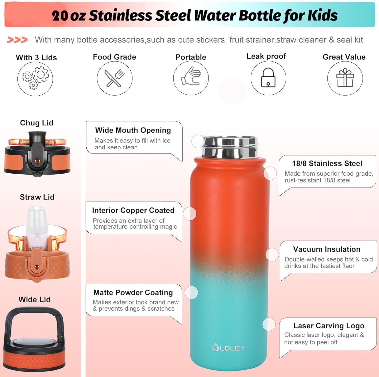 OLDLEY Insulated Water Bottle with Straw 20oz Stainless Steel Water Bottles with 3 lids Double-Wall Vacuum Thermal for Kids Adults School Sports, Bright Orange-green - Image 2