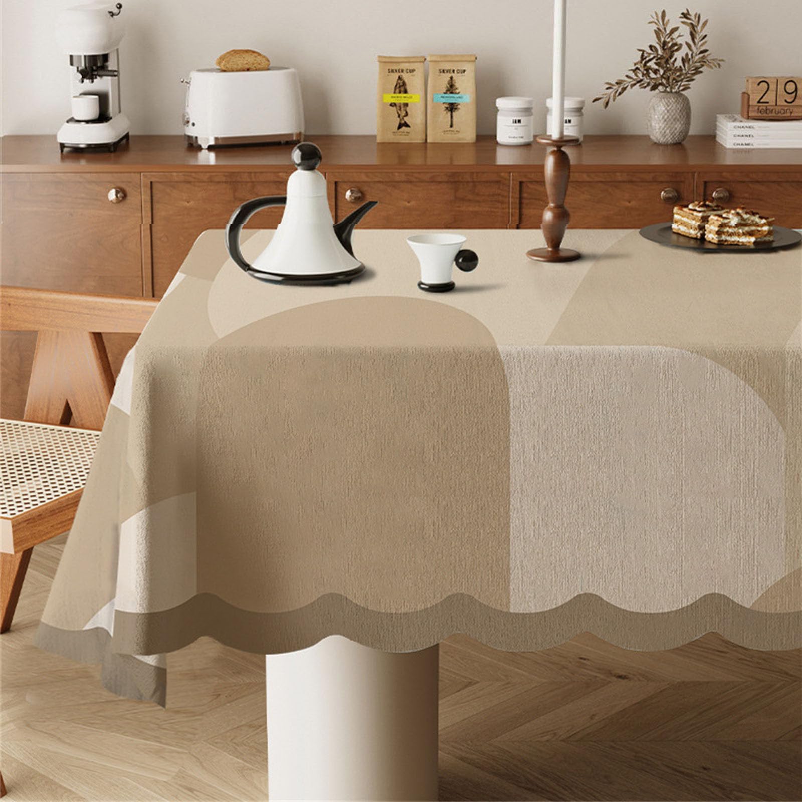 Odot Wipe Clean Tablecloths - Square, Stain Resistant Traditional French Style Cotton and Linen Rectangular Table Cover for Kitchen, Dining, Coffee Table (Geometric camel,90x90cm)