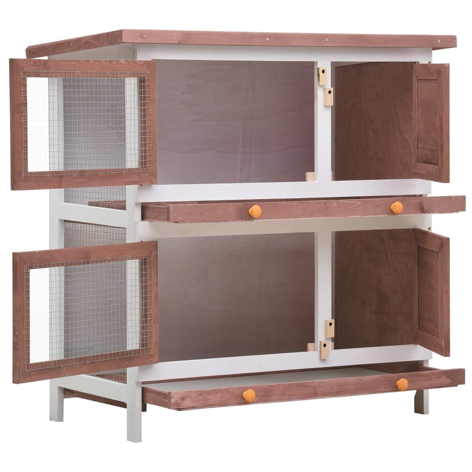 Homgoday Conejera para exteriores de 4 puertas de madera marrón, conejera y corral para conejos, conejera de indias, conejera de madera al aire libre, casa de animales pequeños, jaula para mascotas,