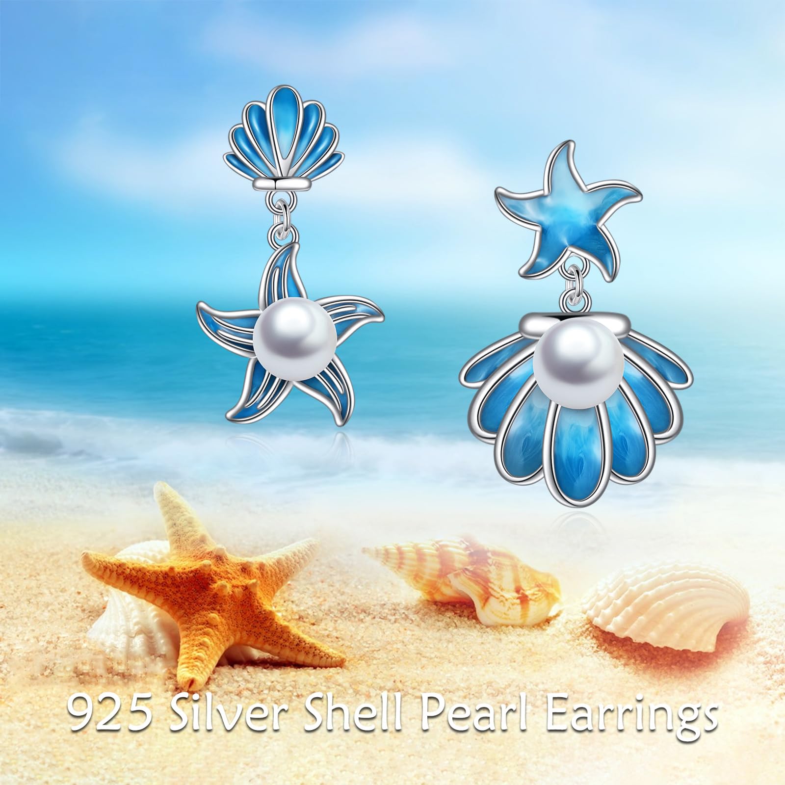 YFN Pendientes de playa con estrella de mar para mujer, plata de ley, conchas marinas, perlas, cierre de palanca, joyería oceánica, regalo, Plata de ley, Sin piedra preciosa