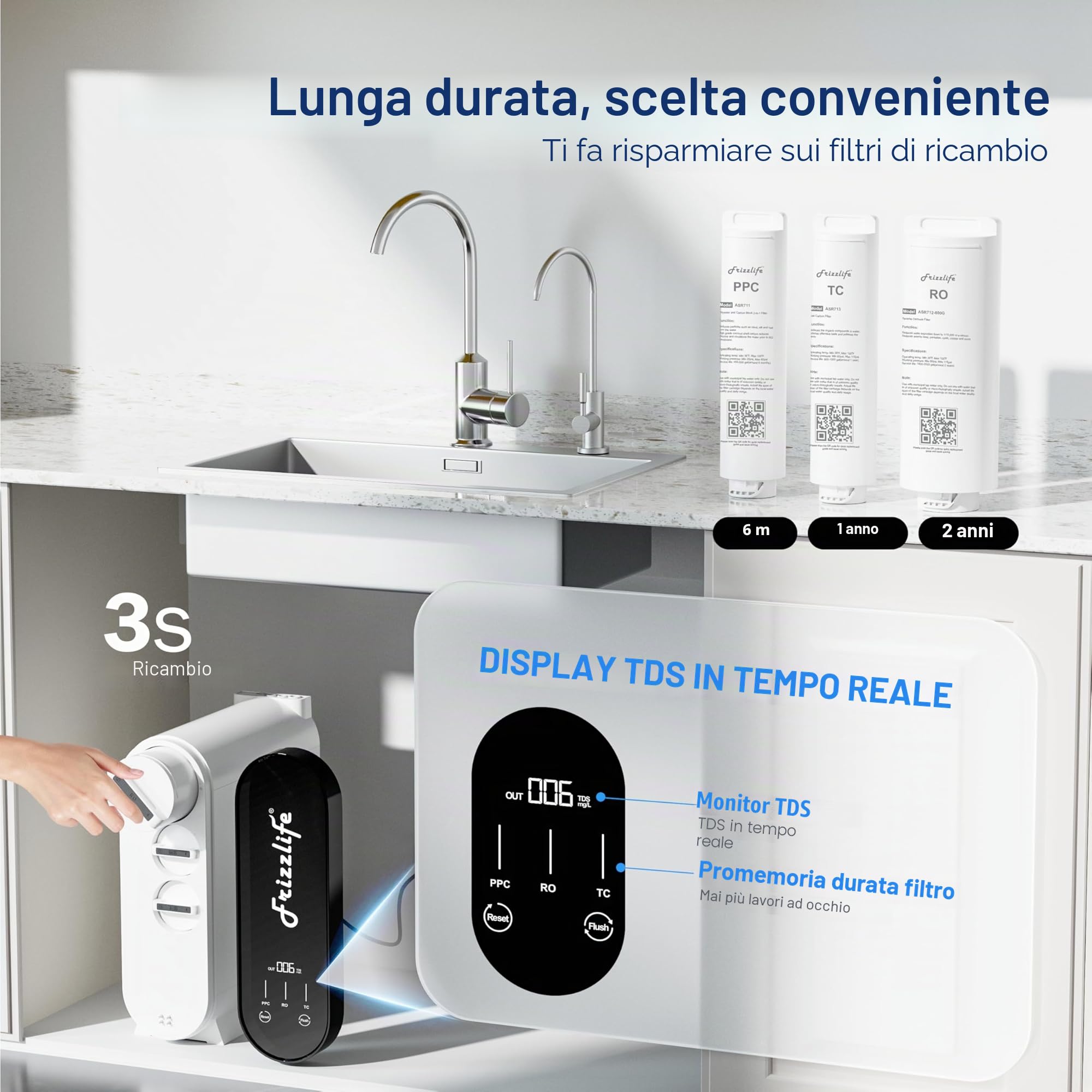 Frizzlife Impianto ad osmosi inversa, 600 GPD, decalcificazione RO, filtro dell'acqua inferiore, 2:1 puro per drenare, riduce TDS, senza serbatoio, senza BPA, PX600